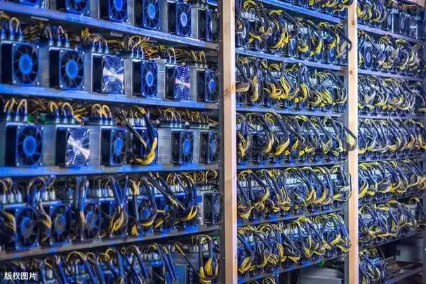 A vast cryptocurrency mining farm with rows of operational miners