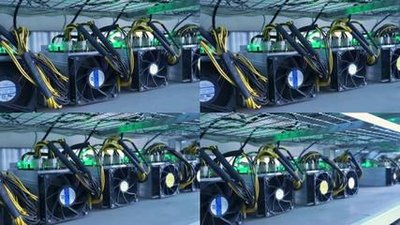 A mining rig setup, showing the multiple GPUs and cooling systems.